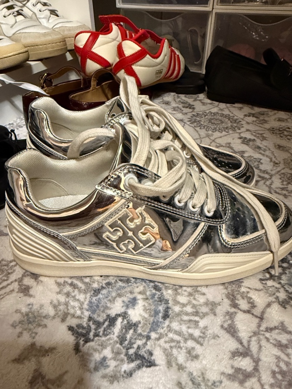 Tory Burch Metallic Silver Lace-Up Sneaker